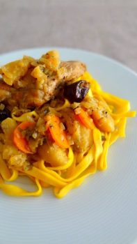 Lapin au cidre et pommes, tagliatelles de potiron